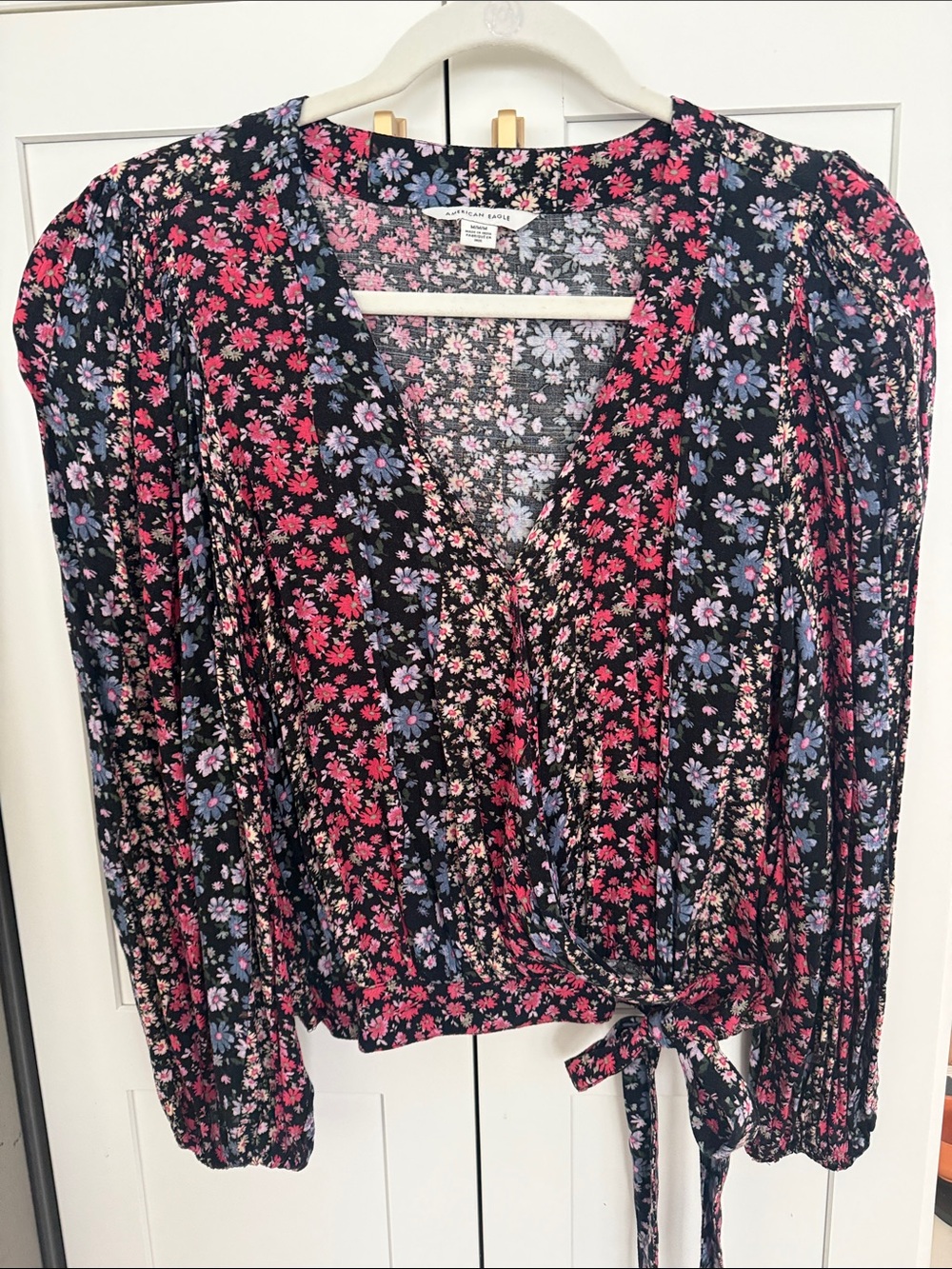 Floral Wrap Blouse in Black with Pink & Blue Flowers - American Eagle